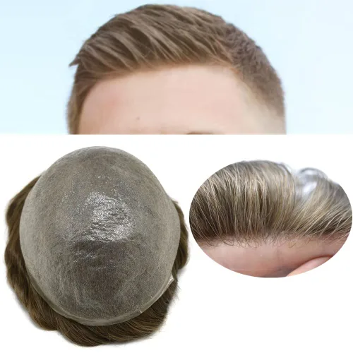 Miniatura 21 de Toupee para hombres, piel ultra fina, 0.002 in, base de poli completa, bucle en V, suave, sistema de reemplazo de cabello humano, pelucas para #1
