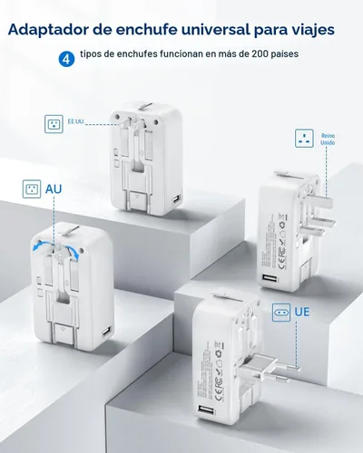 Miniatura 3 de DOACE Adaptador de viaje Pico de 45 W, adaptador de corriente universal de 5 puertos, 1 CA, 2 USB C y 2 USB-A, adaptador de enchufe internacional