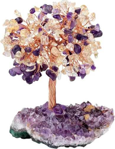 Miniatura 12 de Nupuyai Árboles de dinero de cristal natural con base de racimo de amatista, figura decorativa de piedra de cristal para decoración de escritorio