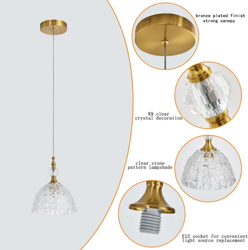 Miniatura 5 de Moderna lámpara colgante de cristal de bronce de 7.68 pulgadas con bola de cristal transparente K9 de altura ajustable, mini luces colgantes vintage