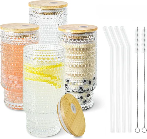 Miniatura 13 de Juego de taza de café de vidrio de 16 onzas con tapas y pajita Vintage Begonia, Dishwasher Safe, Natural Bamboo Lid, Car Hold Friendly, Non-slip