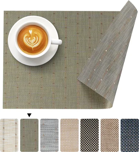 Miniatura 9 de Juego de 4 manteles individuales de vinilo de plástico tejido beige y amarillo para decoración de mesa de comedor, resistentes al calor
