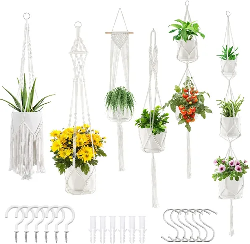 Miniatura 14 de SFENNGPET - Paquete de 6 perchas de macramé para plantas, juego de 6 perchas colgantes para plantas de interior con kit de 6 perchas hechas a mano