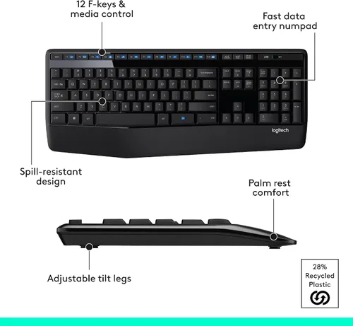 Miniatura 7 de Logitech Teclado inalámbrico K345 - Teclado de tamaño completo con reposamanos, receptor USB inalámbrico de 2,4 GHz - para PC, portátil