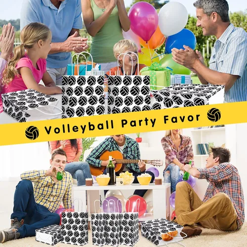 Miniatura 6 de 18 bolsas de regalo de fiesta de voleibol, bolsa de golosinas de voleibol, bolsas de voleibol negras con asa, bolsa de papel de voleibol para niños