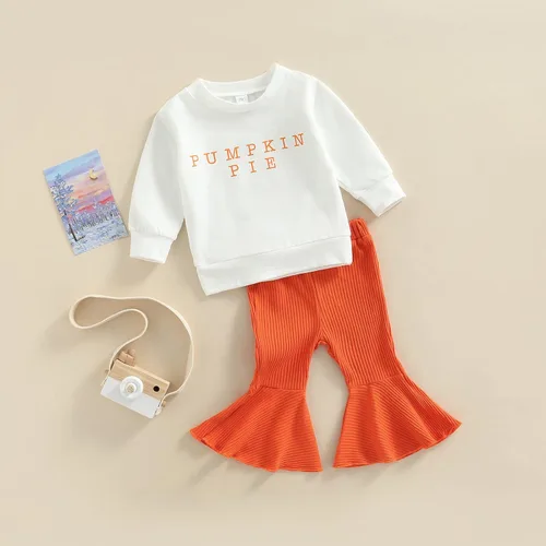 Miniatura 2 de Hnyenmcko Conjunto de ropa de Halloween para bebé niña, camiseta de manga larga con letras y pantalones de campana de calabaza con diadema, 3