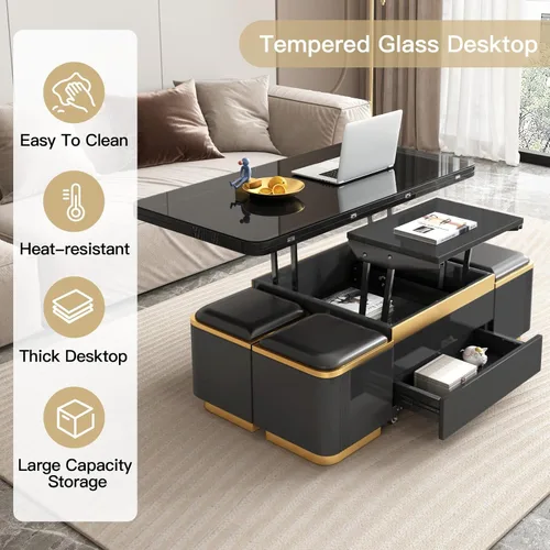Miniatura 7 de Guyii Mesa de centro elevable con taburetes de almacenamiento, mesa central multifuncional negra con cajones, moderna mesa de comedor extensible