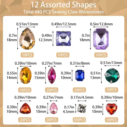 Miniatura 2 de PAGOW 440 piezas de diamantes de imitación para coser, 11 formas mixtas de diamantes de imitación de cristal con parte trasera plana para coser