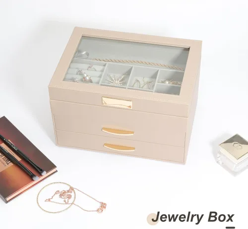 Miniatura 4 de V-LAFUYLIFE Organizador de joyas, caja de joyería de cuero de 3 niveles con 2 cajones, joyero para mujeres y niñas, caja de joyería de gran