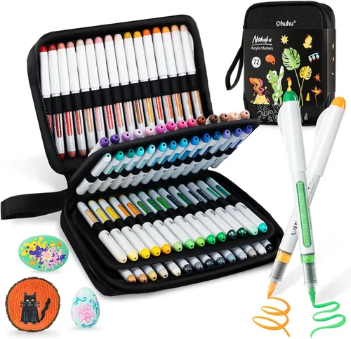 Miniatura 11 de Ohuhu Plumones de pintura acrílica con punta de pincel: Juego de 48 marcadores automáticos de control de tinta con alta opacidad, impermeables