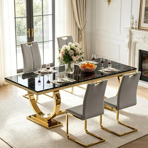 Miniatura 29 de Juego de mesa de comedor de mármol para 4, mesa de cocina rectangular de mármol blanco de 70 pulgadas con base en O de acero inoxidable dorado