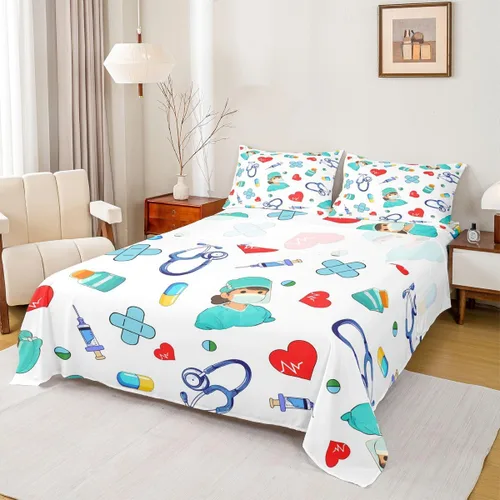 Miniatura 44 de Erosebridal Nurse Sheet Set Stethoscope Twin Sheets Set for Teen Boys,Colorful Medical Healthcare Heartbeat Syringe Fitted Sheet