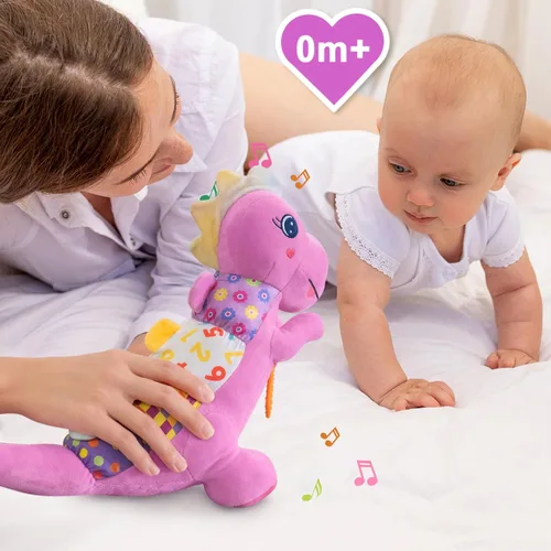 Miniatura 5 de Juguete de peluche suave de dinosaurio para bebés de 0-3-6-12+ meses, juguete musical infantil con sonajero, chirriante, arruga sensorial, mordedor