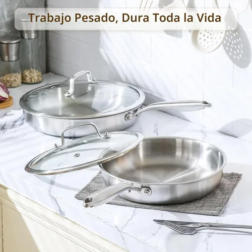 Miniatura 6 de DELARLO Sartén de inducción de acero inoxidable tricapa de cuerpo entero para la cocina, 12 pulgadas, de acero inoxidable, sartén apta para horno