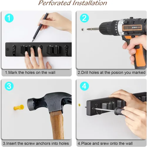 Miniatura 7 de OUTNILI Soporte de Pared Negro para Escoba y Trapeador con 4 Ranuras y 4 Ganchos - Colgador de Escoba y Trapeador de Madera Rústica para Despensa