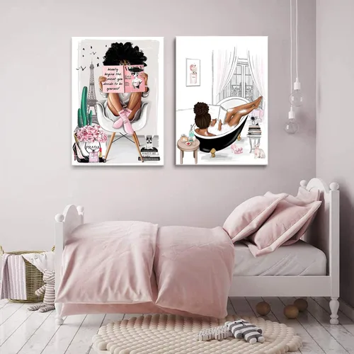 Miniatura 4 de 2 piezas enmarcadas de arte de pared afroamericano moderno París rosa blanco afro negro niñas mujeres lienzo decoración pared cuadros cuadros