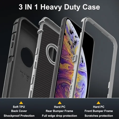 Miniatura 4 de Funda para iPhone X/iPhone Xs con 2 protectores de pantalla de vidrio templado, grado militar 3 en 1, resistente a prueba de golpes, a prueba