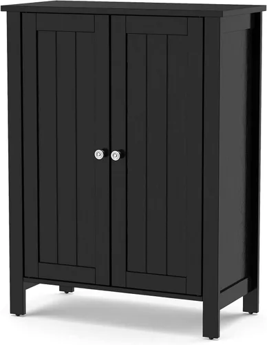 Tangkula Armario de suelo de baño, con puerta doble y estante ajustable, gabinete de almacenamiento de baño de madera de 3 niveles para oficina en