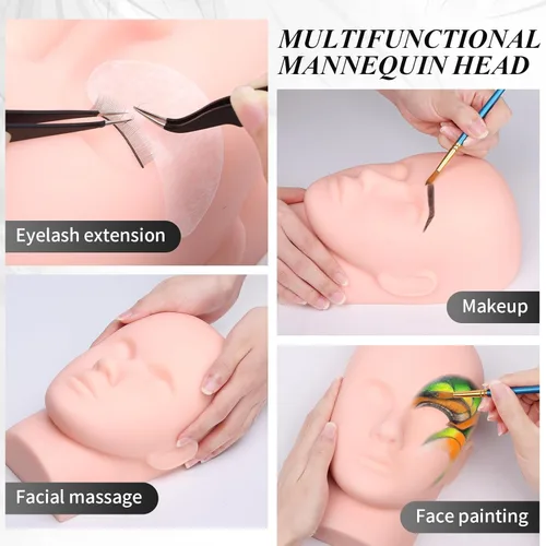 Miniatura 2 de Kit de pestañas para extensión de pestañas, suministros técnicos de pestañas con cabeza de práctica de maniquí, racimo de pestañas, pegamento