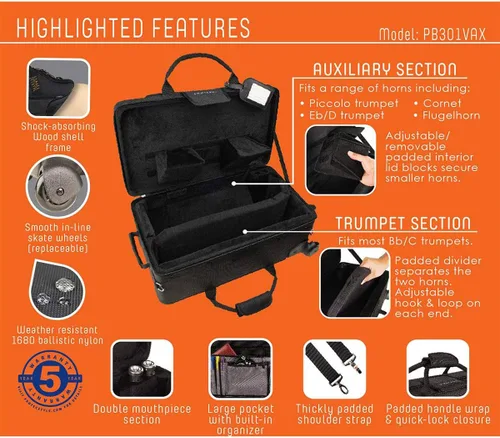 Miniatura 9 de Protec Estuche Combo Trompeta/Auxiliar PRO PAC con ruedas, Modelo PB301VAX