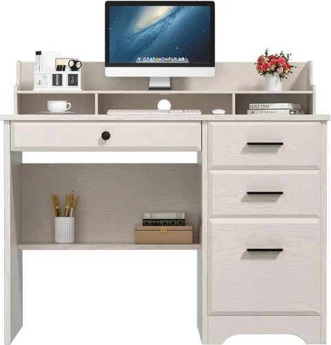 Miniatura 8 de Escritorio blanco para oficina en casa con 4 cajones y gabinete, mesa de computadora para dormitorio, blanco roto