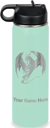Miniatura 53 de LaserGram Botella de agua con tapa abatible de doble pared de 12 onzas con pajilla, dragón, grabado personalizado incluido (negro)