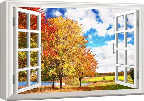 Miniatura 25 de wall26 - Cuadro en lienzo para pared, vista de ventana, río neón turquesa, rápido, bosque, lago, arroyo, naturaleza salvaje, fotografía, realismo