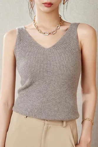 Miniatura 4 de LINY XIN Chaleco de punto 100 % lana merino para mujer, con cuello en V, sin mangas, liso, clásico