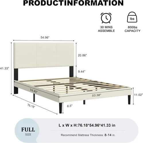Miniatura 2 de Marco de cama tamaño completo con cabecero – Elegante marco de cama plataforma tapizado con canales verticales acolchados de servicio pesado