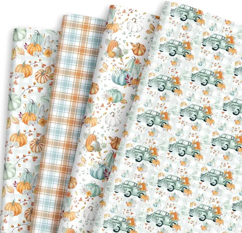 Whaline 12 hojas de papel de regalo de calabaza de otoño, bohemio, pastel, calabaza, camión, papel de regalo, a cuadros blancos cian, manualidades,