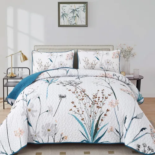 Dobuyly - Juego de edredón para cama tamaño Queen, con diseño floral botánico en color teja, juego de edredón de 3 piezas, de microfibra suave y