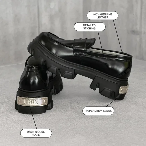 Miniatura 7 de URBN KICKS - Mocasines lisos, mocasines negros para mujer, punta redonda, 100% piel auténtica, suela gruesa Superlite