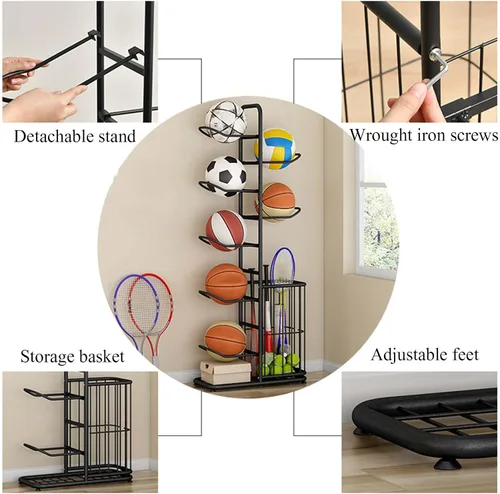 Miniatura 3 de Basketball Storage Rack, Sports Equipment Organizer, Yoga Mat Storage Basket, Multi-Tier Ball Storage Rack with Adjustable Feet for Garages, Courts