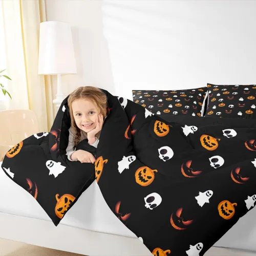 Miniatura 3 de Juego de edredón de dibujos animados tamaño individual, bonito edredón con patrón de farol de calabaza, relleno de edredón de Halloween para niños