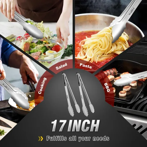 Miniatura 7 de Walfos Juego de 2 pinzas de parrilla extralargas de 17 pulgadas, pinzas de acero inoxidable para asar, cocinar, barbacoa/barbacoa, bufé y torneado 2