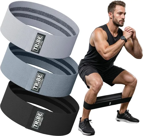 Tribe Lifting Bandas de resistencia para entrenar – Paquete de 3 bandas de entrenamiento de tela para mujeres y hombres – Bandas de glúteos para Gris