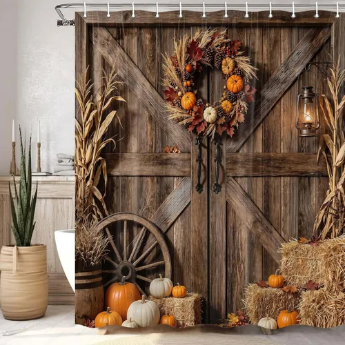Fall Rustic Barn Door Shower Curtain, Autumn Thanksgiving Pumpkin Farmhouse Brown Wood Board Shower Curtain Set Bathroom, Western Farm Harvest