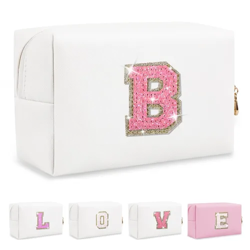 Miniatura 346 de Pequeña bolsa de maquillaje personalizada con inicial A-Z Preppy Patch, bolsa de cosméticos de viaje de felpilla blanca con cremallera, bonita bolsa