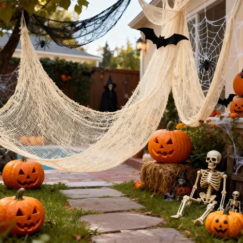 Miniatura 4 de Qtisky Juego de 5 telas de gasa espeluznante de Halloween, tapiz de gasa de Halloween beige para interiores y exteriores, decoraciones espeluznantes