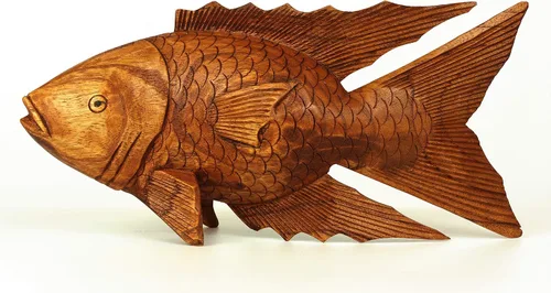 Miniatura 5 de G6 Collection Figura grande de madera tallada a mano de pez Koi de 16 pulgadas, acento decorativo costero para el hogar, escultura de arte