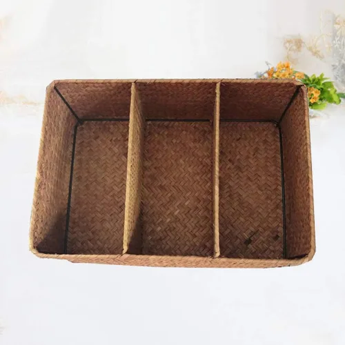 Miniatura 7 de Cesta tejida a mano de algas marinas Caja de almacenamiento tejida de 3 compartimentos para decoración de escritorio para el hogar, baño, oficina