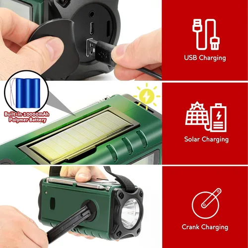 Miniatura 4 de Radio de emergencia NOAA de alerta meteorológica con energía solar y manivela de mano USB-C carga portátil radio AM/FM 3W, lámpara de lectura