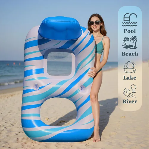 Miniatura 6 de Pool Float for Adults – Extra Large Inflatable Tanning Pool Float with Backrest, Footrest & 2 Cup Holders, Heavy Duty Float Lounger for Pool, Lake