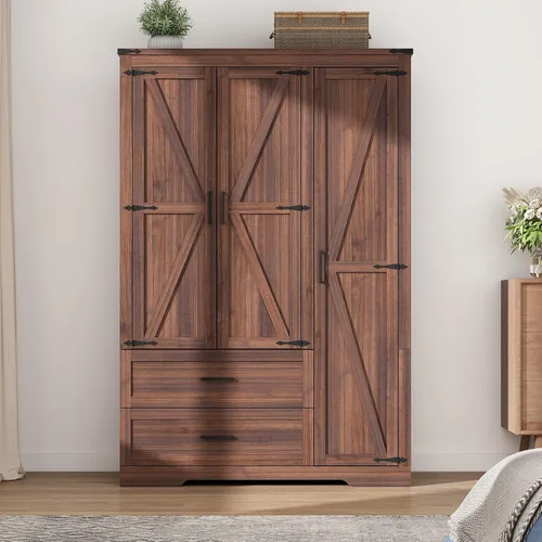 Miniatura 3 de Hlivelood Armario de 3 puertas con puertas y cajones, armario de madera de granja con estantes y barra para colgar para dormitorio, color marrón