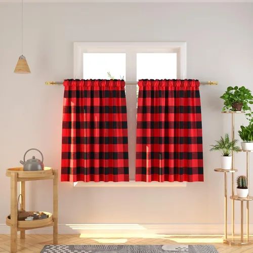 Miniatura 102 de Cenefas de cortina para ventana de 16 pulgadas de largo, 2 paneles de cuadros búfalo, cortinas pequeñas con bolsillo para barra, estilo clásico
