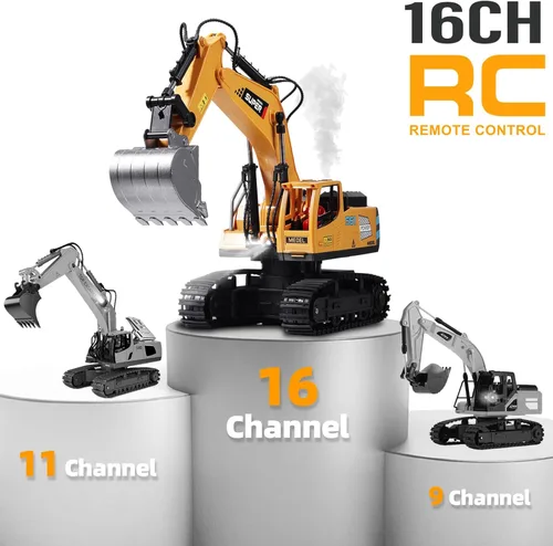 Miniatura 3 de ViRockSign Juguetes de excavadora con control remoto para niños, juguetes de construcción RC de 16 canales con pala de metal y luz, humo simulado