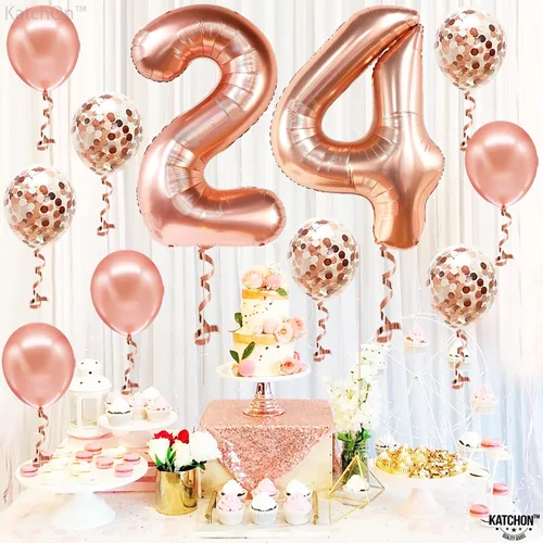 Miniatura 2 de KatchOn, Globos de oro rosa con el número 24, 40 pulgadas, globos de cumpleaños 24 para mujer, globos del número 24 con globos de confeti