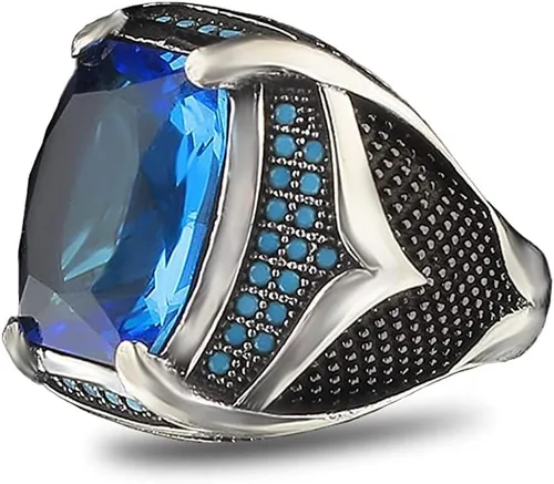 925 Sterling Silver Men's Ring with Blue Topaz Stone, Handmade Blue Topaz Stone Silver Ring, Gift for Him