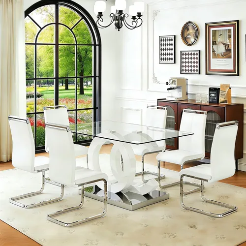 Miniatura 11 de Juego de mesa de comedor Ebullient para 6, juego de mesa de comedor de 7 piezas, tapa de mesa de cristal templado, mesa moderna de comedor con 6