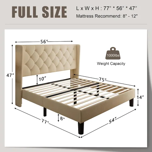 Miniatura 2 de Einhomn Base de cama de plataforma de tamaño matrimonial con cabecera tapizada de tela, 10 pulgadas debajo de la cama, soporte de listones de madera
